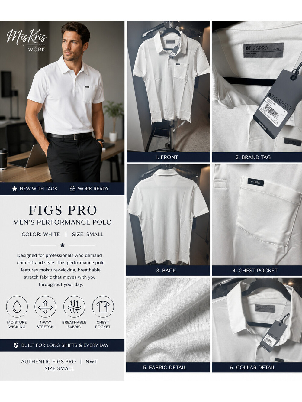 NWT FIGS Pro Men's White Polo Shirt Moisture Wicking Stretch Small